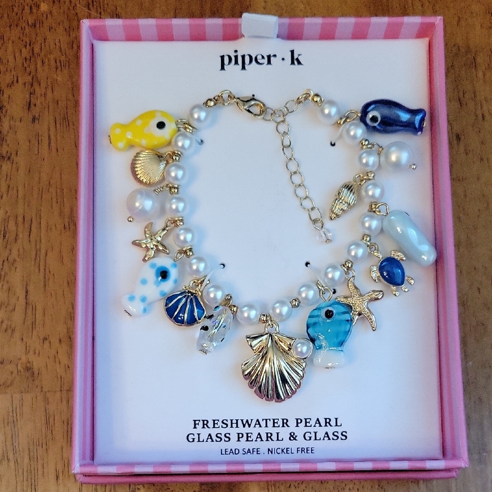 Piper K Oceanic Charm Bracelet with Freshwater Pearls and Blue Fish Accents Gold